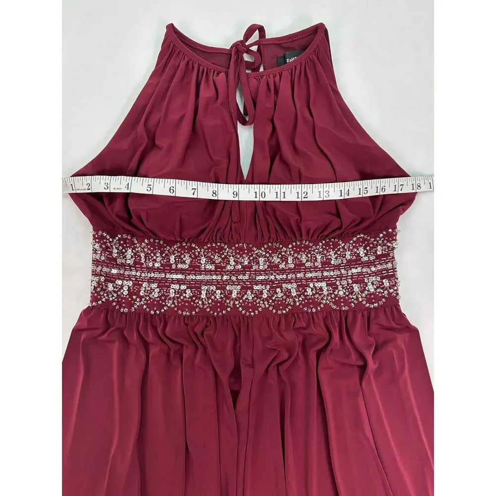 R&M Richards Wine Beaded Halter Evening Gown Keyhole Neck Maxi Dress Size 8 - Picture 13 of 15